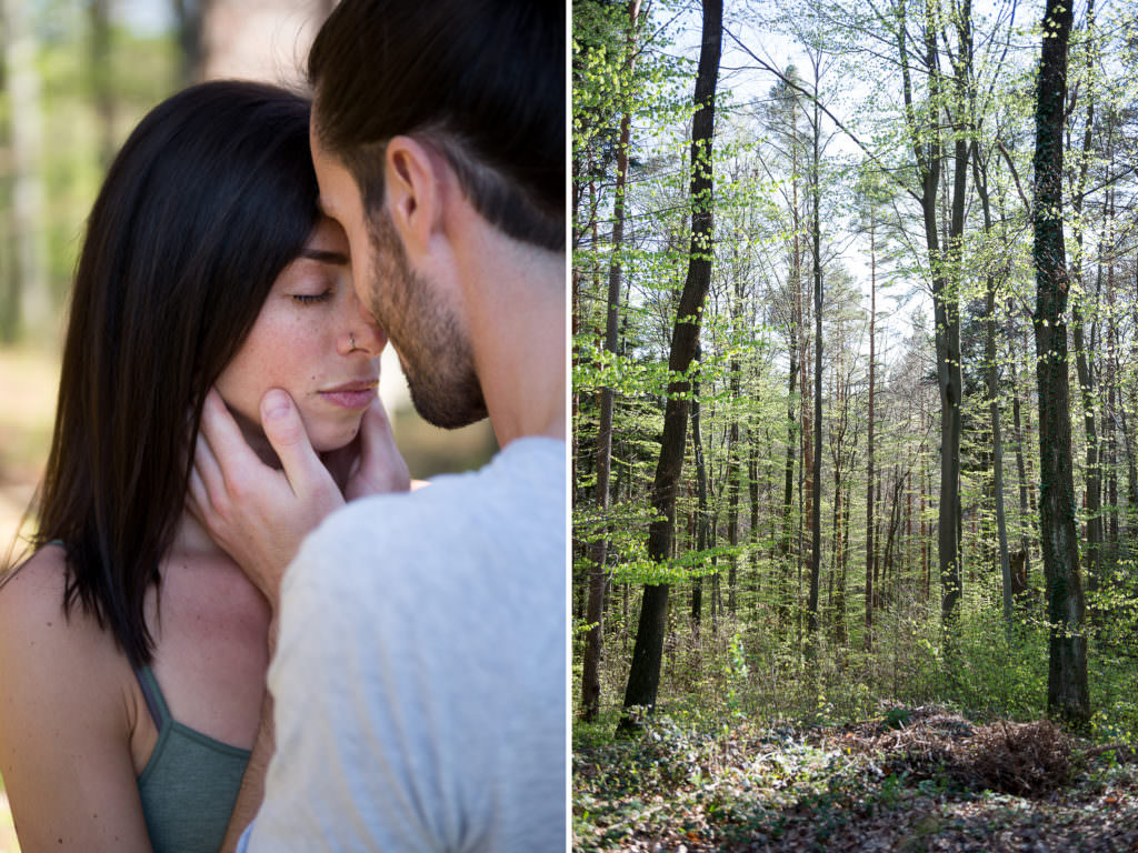 Natürliche entspannte Paarfotos im Wald Niederösterreich